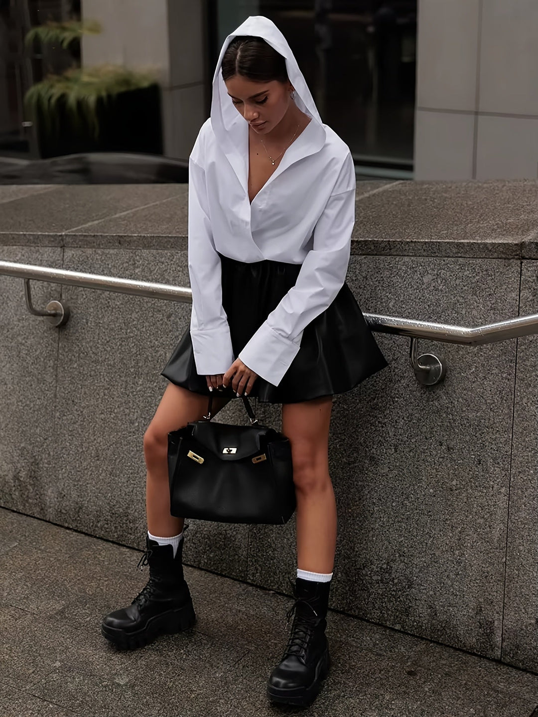 Loose Fit hooded White Long-Sleeve