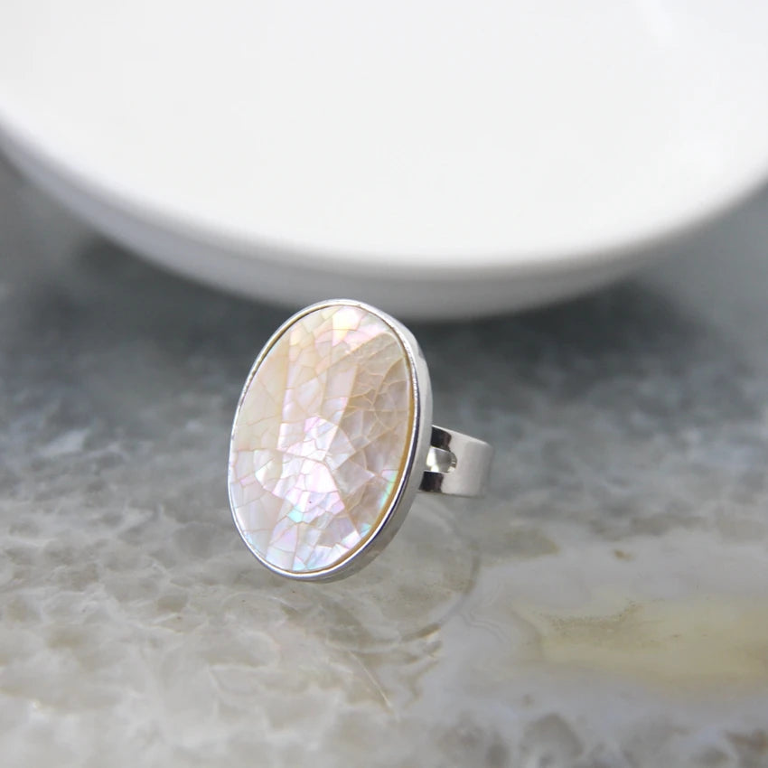 Abalone Shell Adjustable Ring Round Geode Design