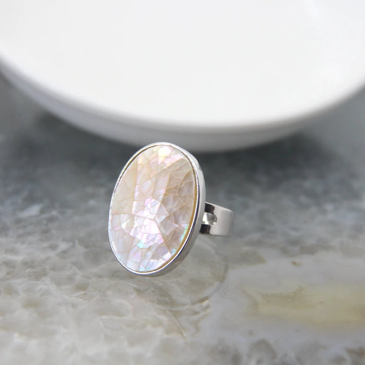Abalone Shell Adjustable Ring Round Geode Design