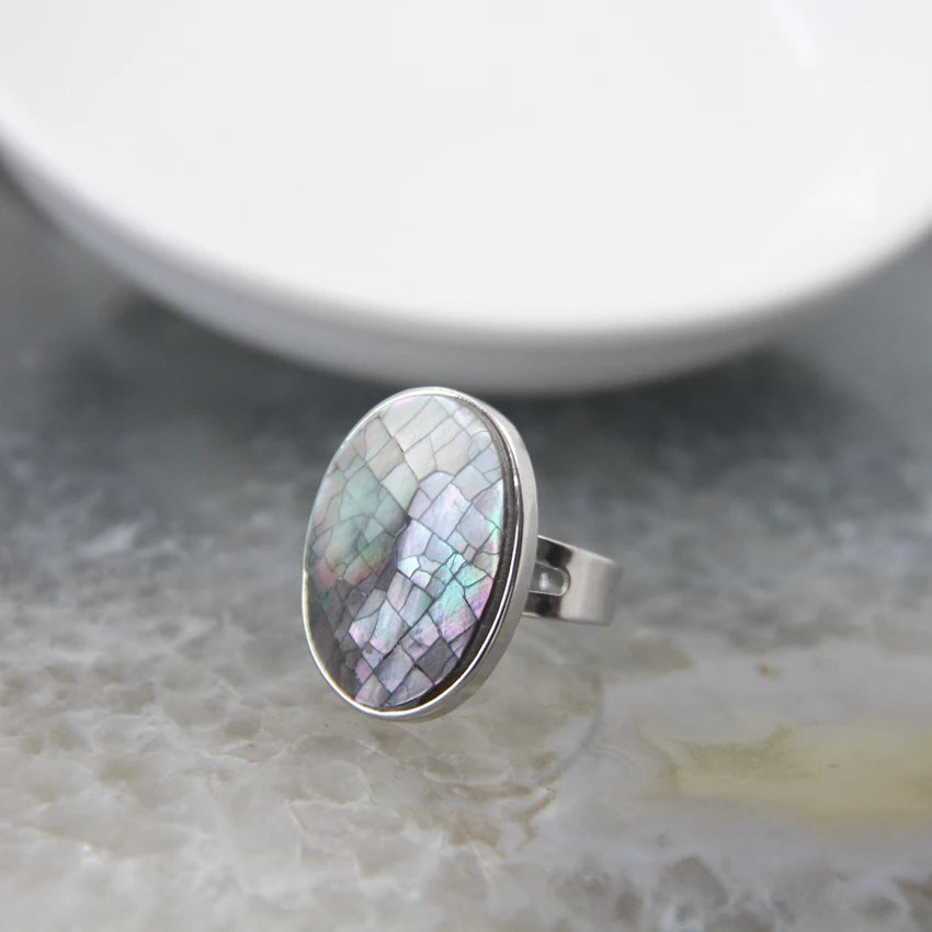 Abalone Shell Adjustable Ring Round Geode Design