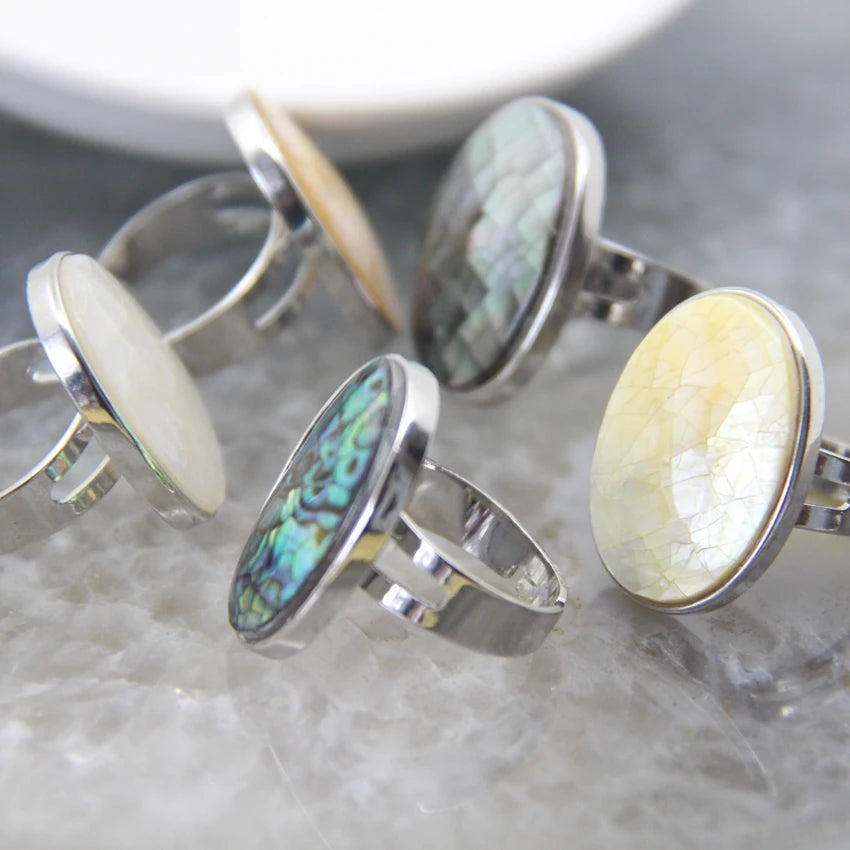 Abalone Shell Adjustable Ring Round Geode Design