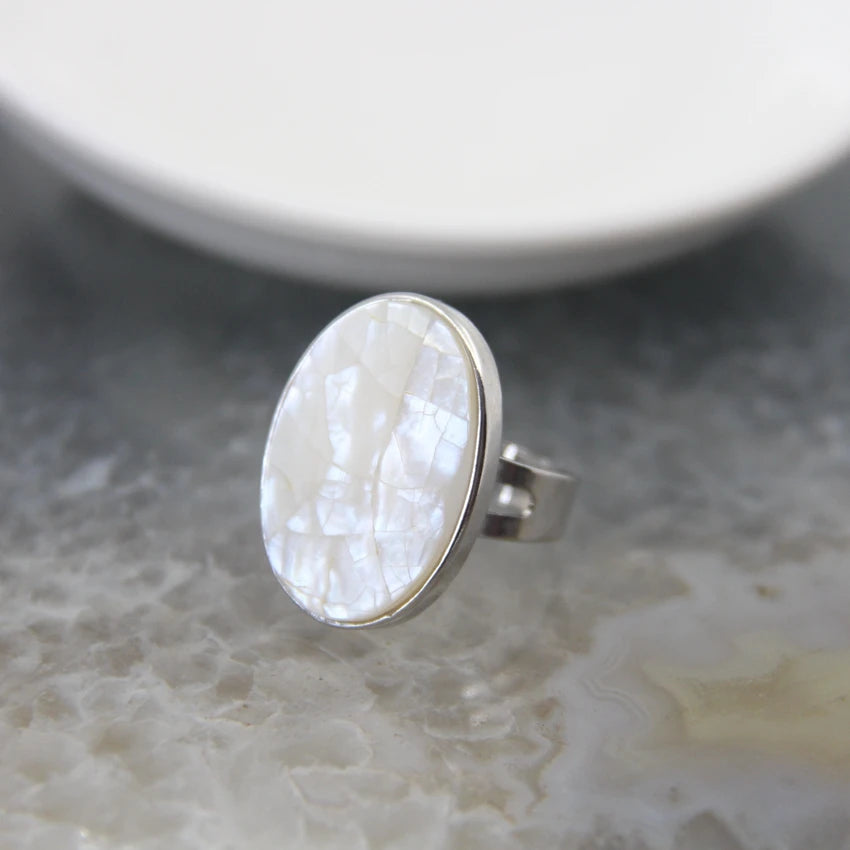 Abalone Shell Adjustable Ring Round Geode Design