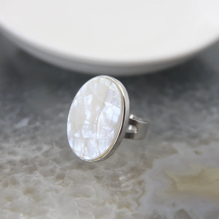 Abalone Shell Adjustable Ring Round Geode Design