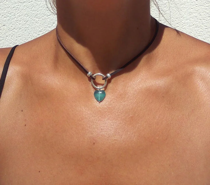 Silver Choker Necklace Blue Quartz Heart Pendant
