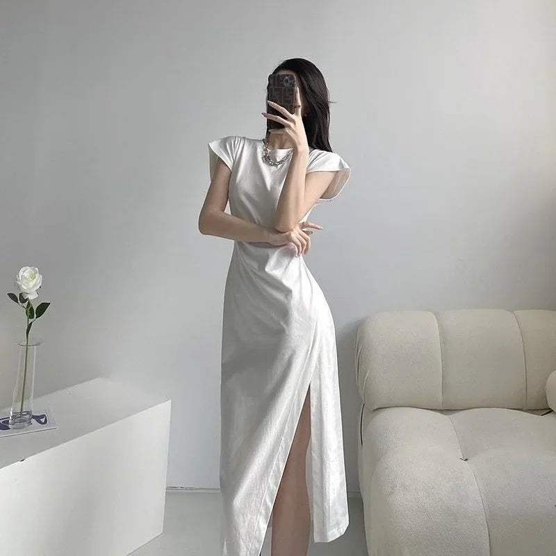 Y2K White Midi Dress Casual Cotton Blend