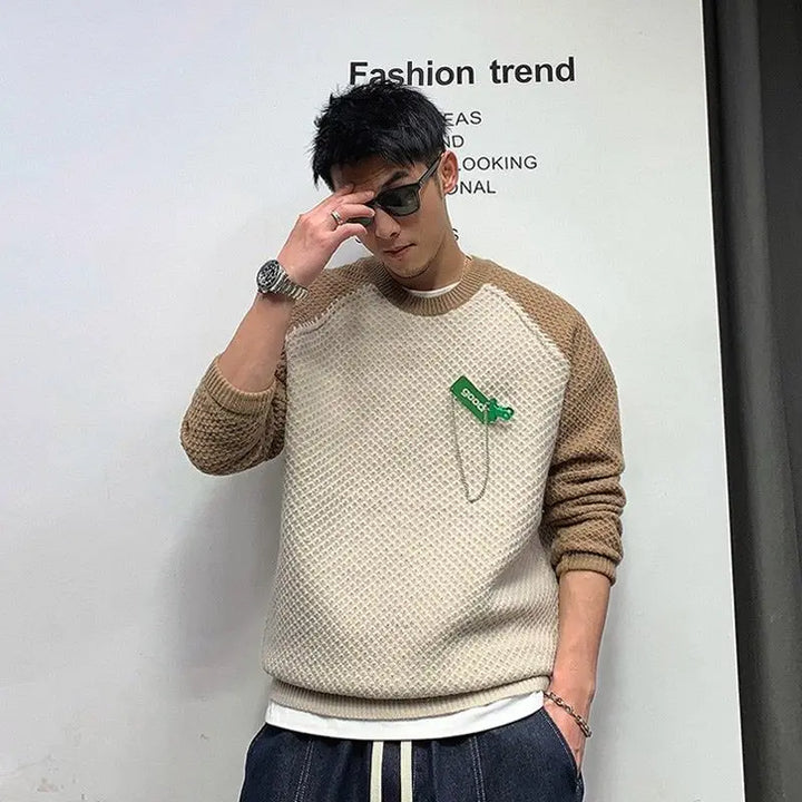 Contrast Knit Sweater for Men Crewneck