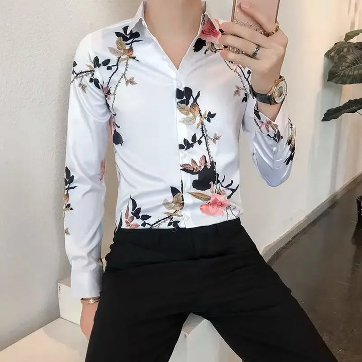 Floral White Casual Shirt Men’s Korean Top