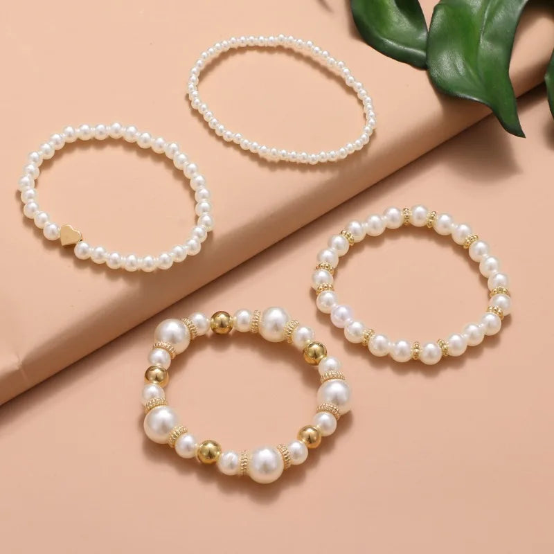 Heart Beaded Pearl Bracelets Set of 4