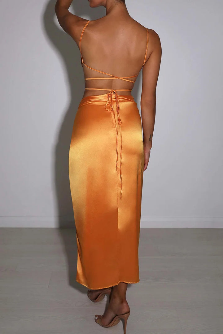 Sexy Tie-Up Satin Crop Top & Skirt