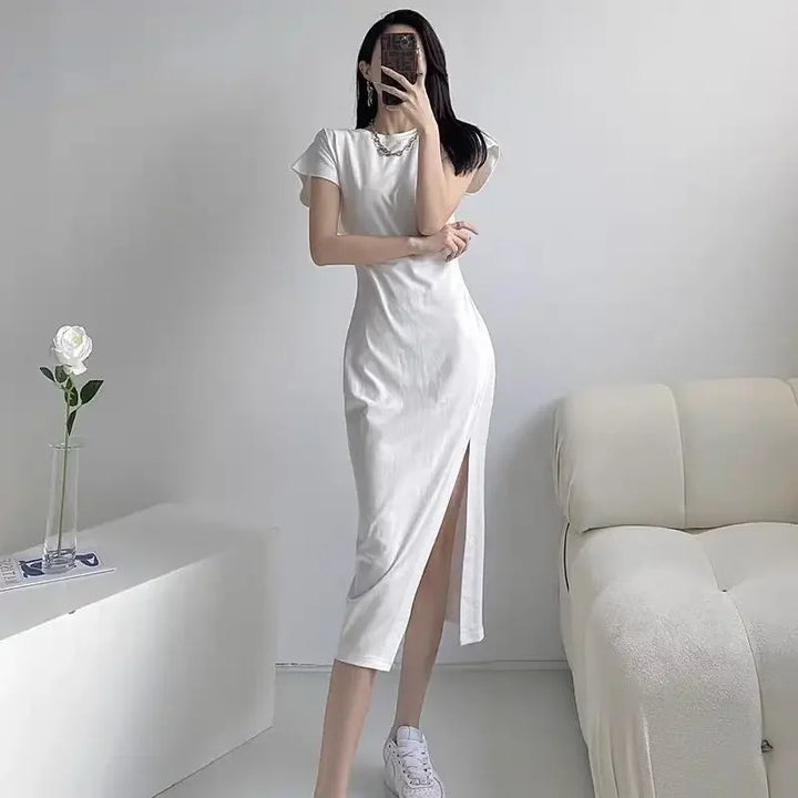 Y2K White Midi Dress Casual Cotton Blend