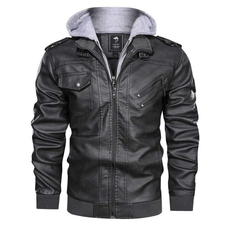 Men’s Faux Leather Jacket with Detachable Hood