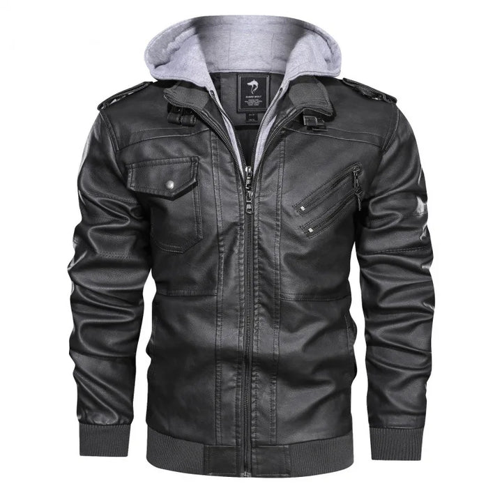 Men’s Faux Leather Jacket with Detachable Hood