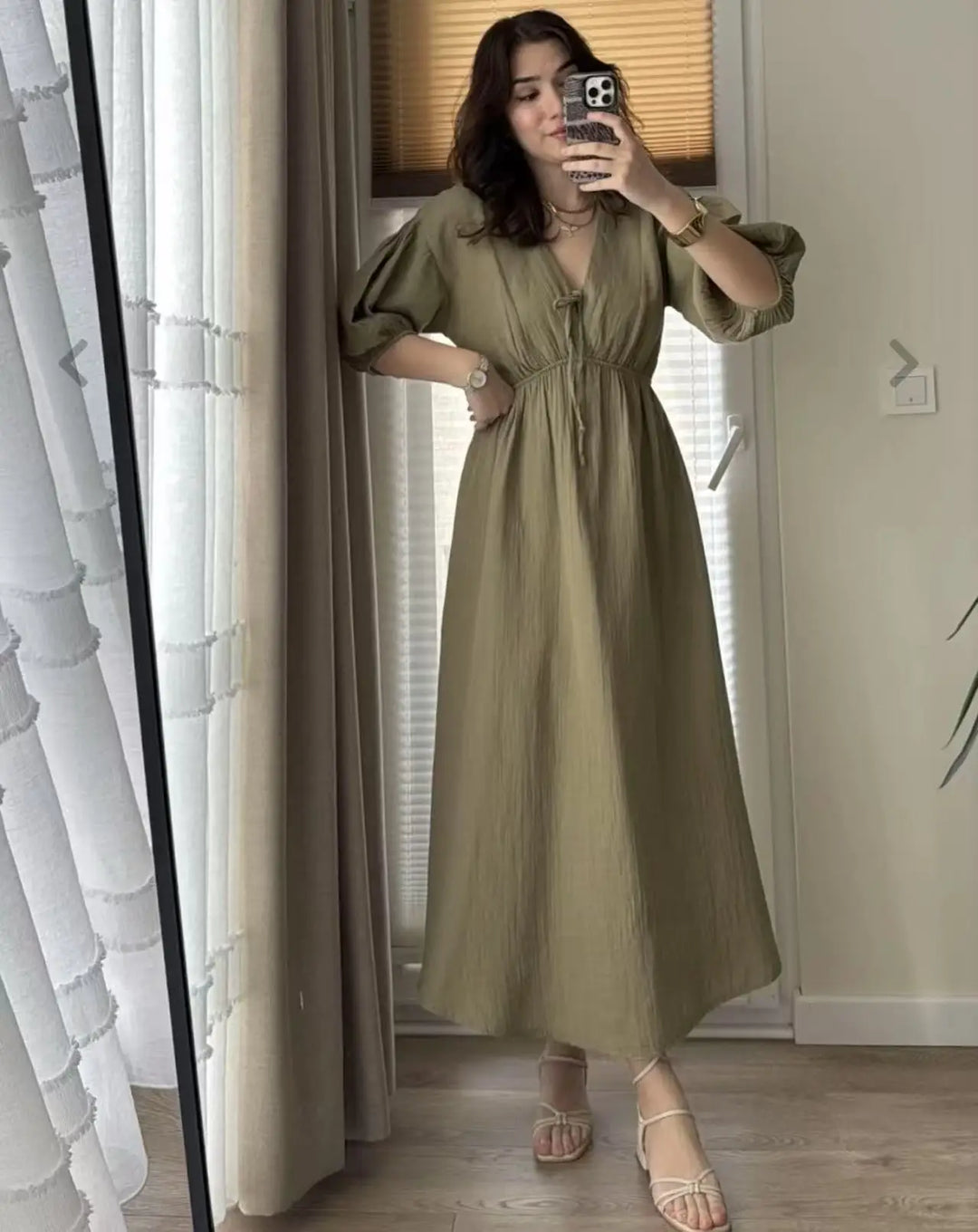 Elegant Lace-up Puff Sleeve Midi Dress 2025