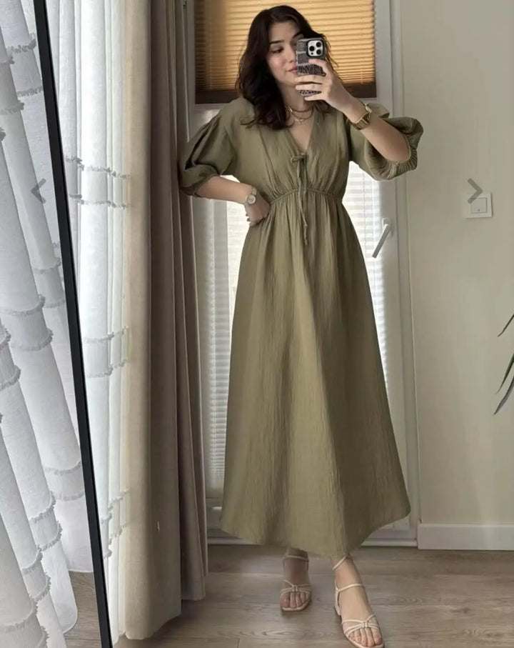 Elegant Lace-up Puff Sleeve Midi Dress 2025