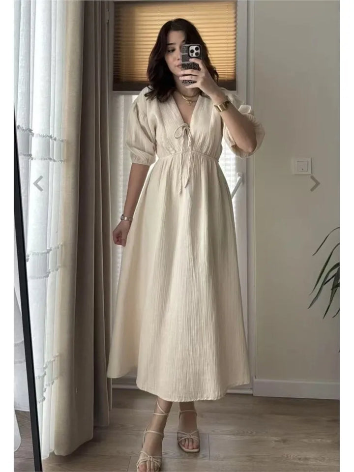 Elegant Lace-up Puff Sleeve Midi Dress 2025