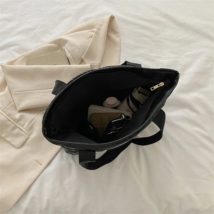 Black Nylon Tote Bag Quilted Shoulder Style