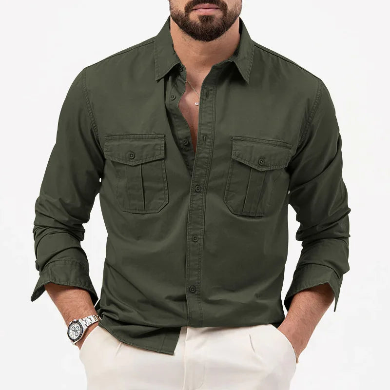 Men’s Solid Color Multi-Pocket Casual Shirt