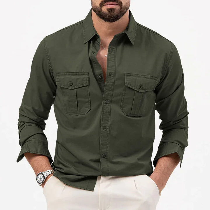 Men’s Solid Color Multi-Pocket Casual Shirt