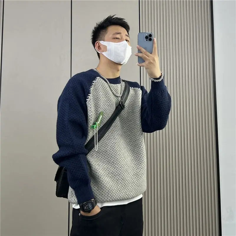 Contrast Knit Sweater for Men Crewneck
