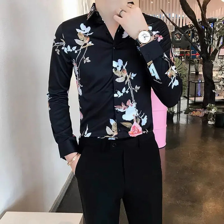 Floral White Casual Shirt Men’s Korean Top