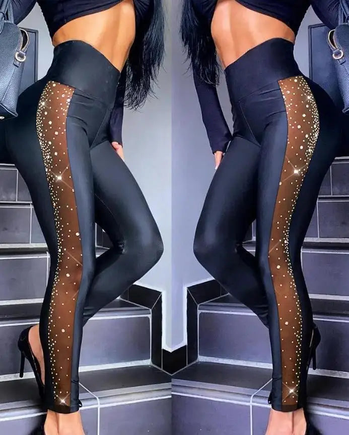 Skinny Mesh Pants Zipper Fly High Waist