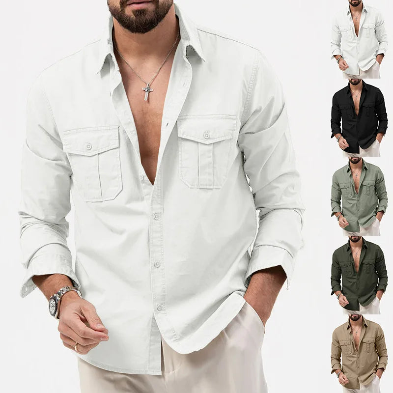 Men’s Solid Color Multi-Pocket Casual Shirt