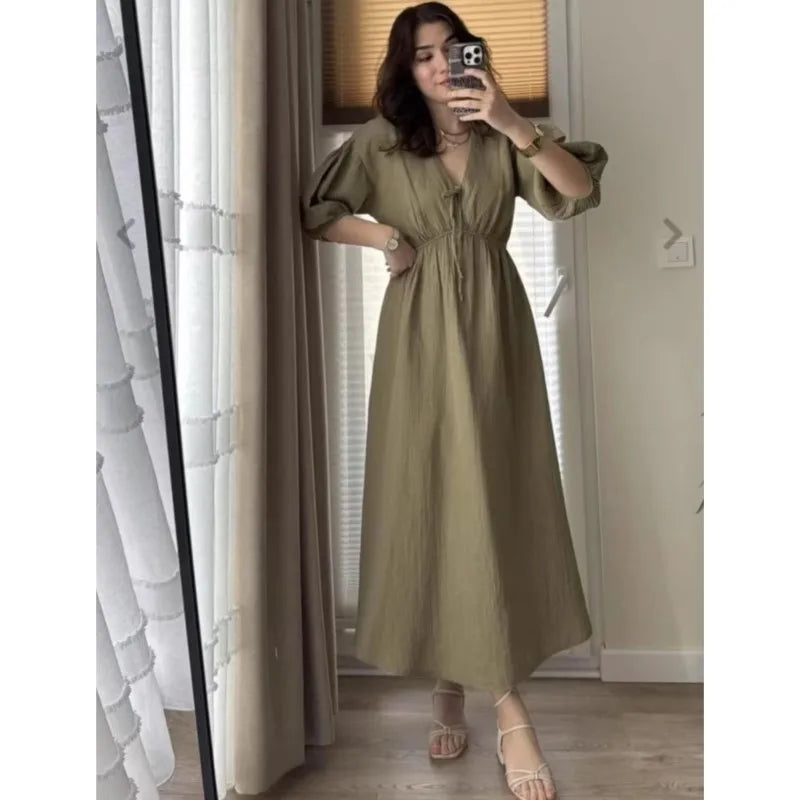 Elegant Lace-up Puff Sleeve Midi Dress 2025