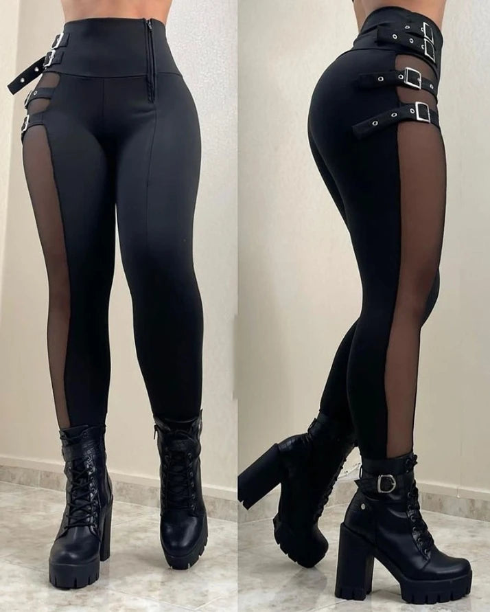 Skinny Mesh Pants Zipper Fly High Waist