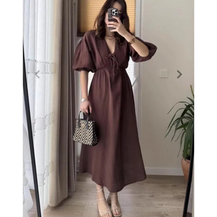 Elegant Lace-up Puff Sleeve Midi Dress 2025