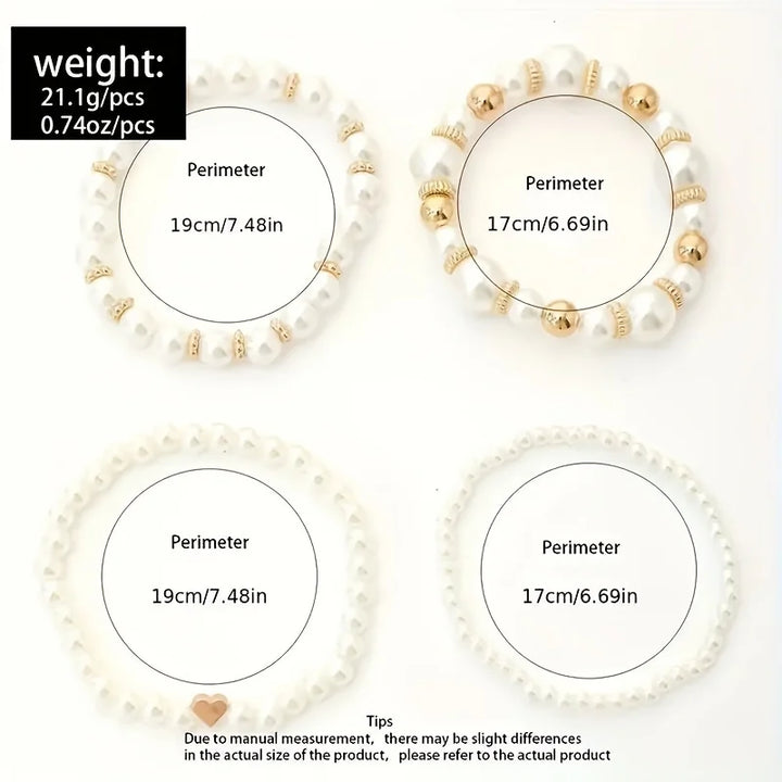 Heart Beaded Pearl Bracelets Set of 4