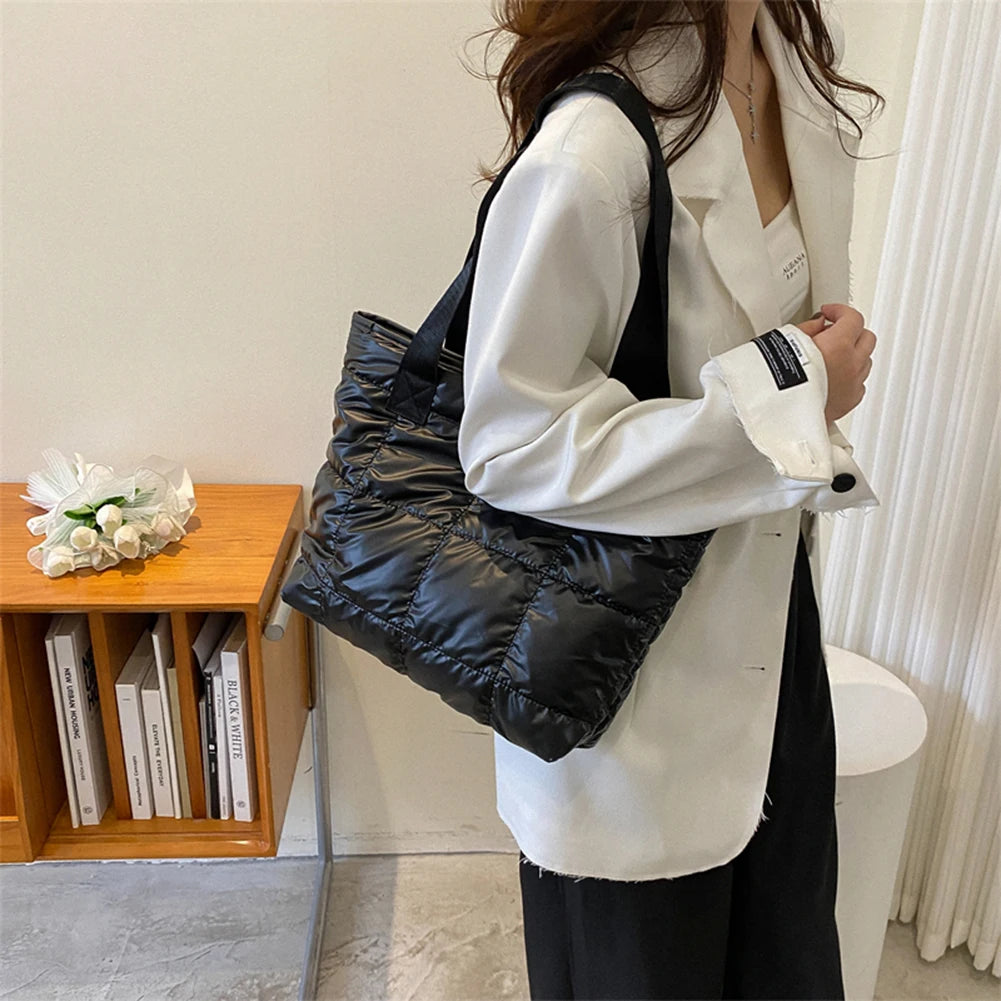 Black Nylon Tote Bag Quilted Shoulder Style