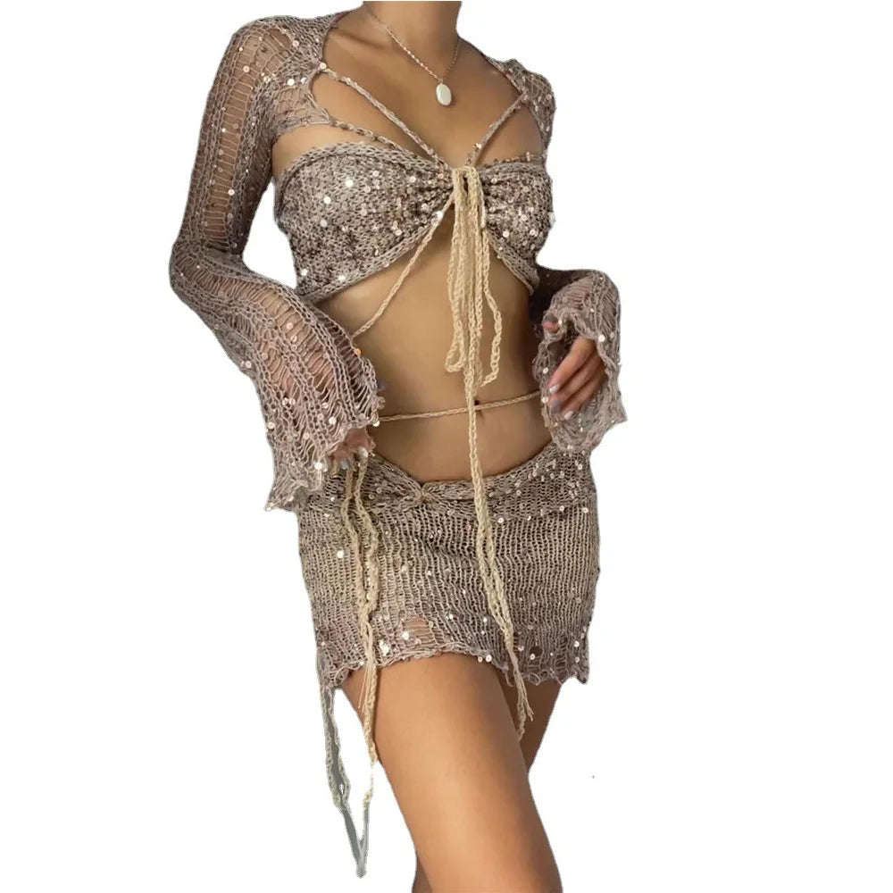 Elegant Knit Skirt & Sweater Set Women’s