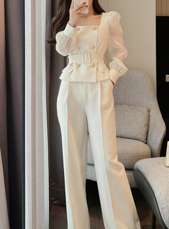 White Trouser Suit Blazer & Wide-Leg Pants
