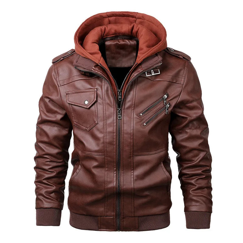 Men’s Faux Leather Jacket with Detachable Hood