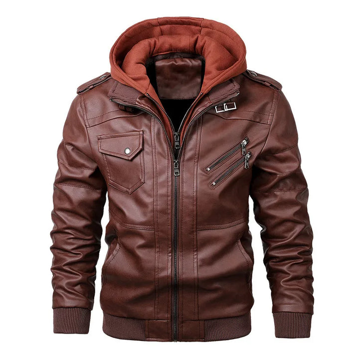 Men’s Faux Leather Jacket with Detachable Hood