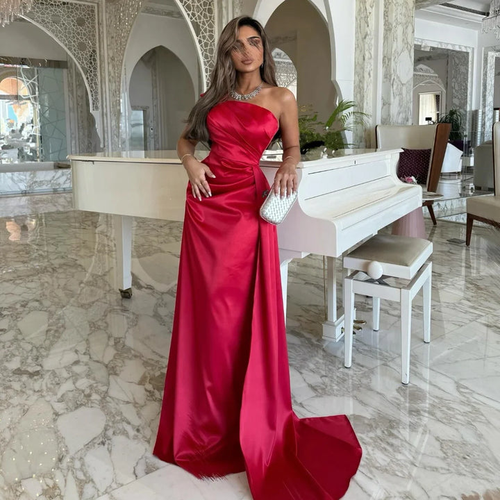 Strapless Red Satin Gown Mermaid Cocktail Dress