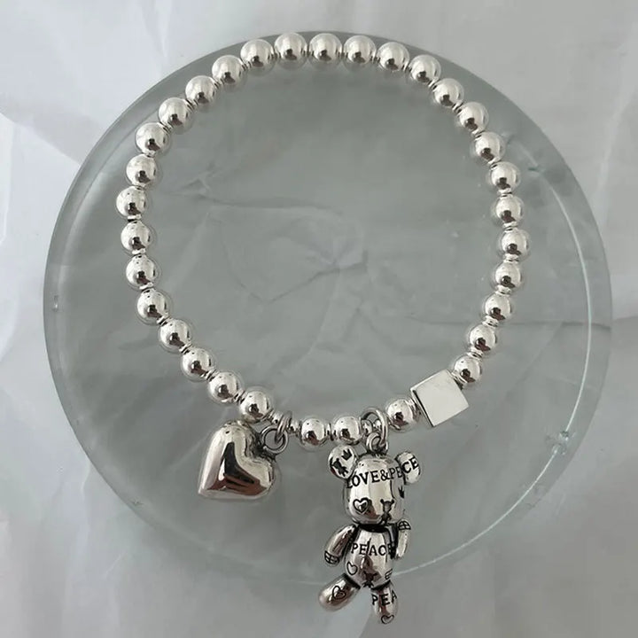 925 Silver Beaded Bracelet Bear & Zircon Charm