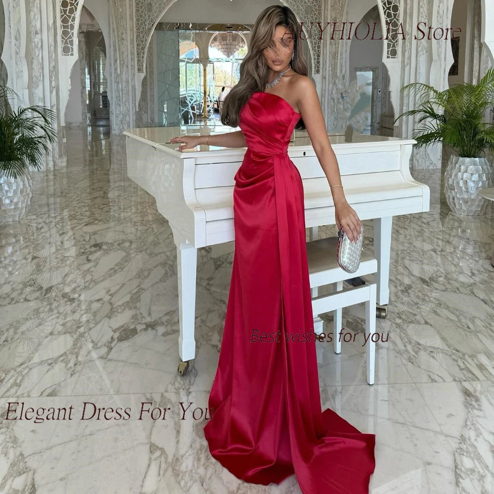 Strapless Red Satin Gown Mermaid Cocktail Dress