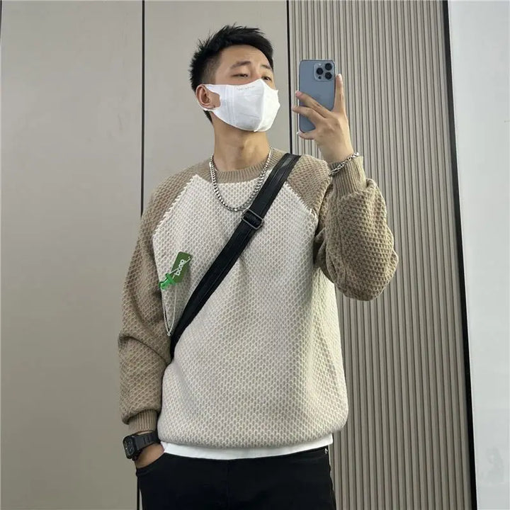 Contrast Knit Sweater for Men Crewneck