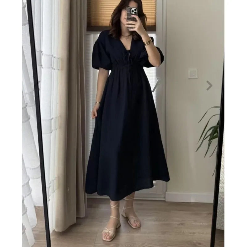 Elegant Lace-up Puff Sleeve Midi Dress 2025