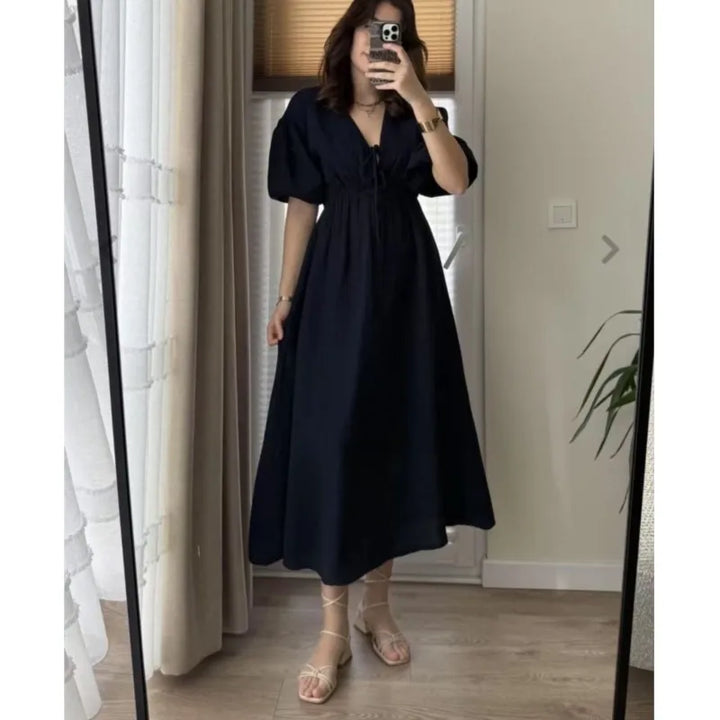 Elegant Lace-up Puff Sleeve Midi Dress 2025