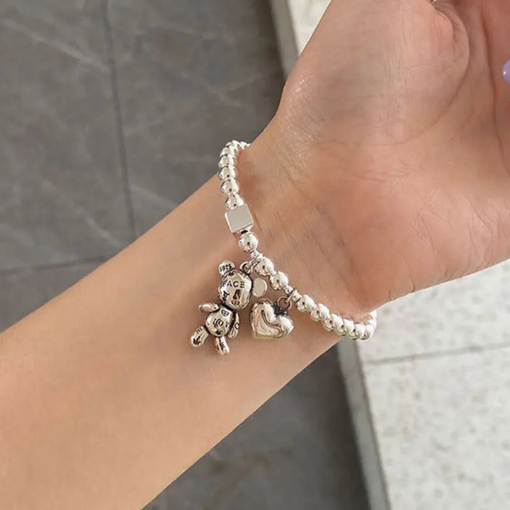 925 Silver Beaded Bracelet Bear & Zircon Charm