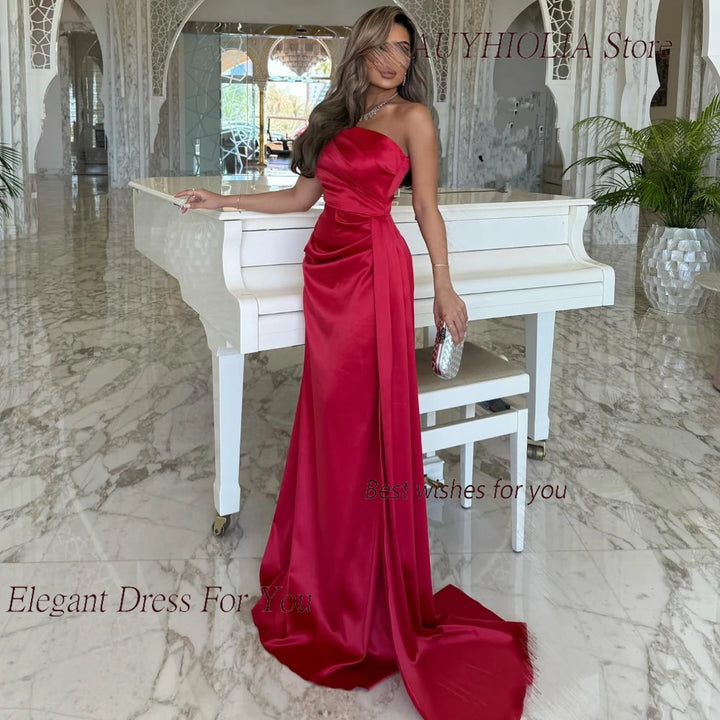 Strapless Red Satin Gown Mermaid Cocktail Dress