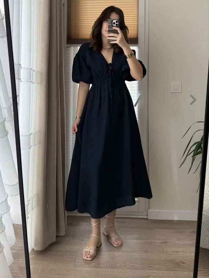 Elegant Lace-up Puff Sleeve Midi Dress 2025