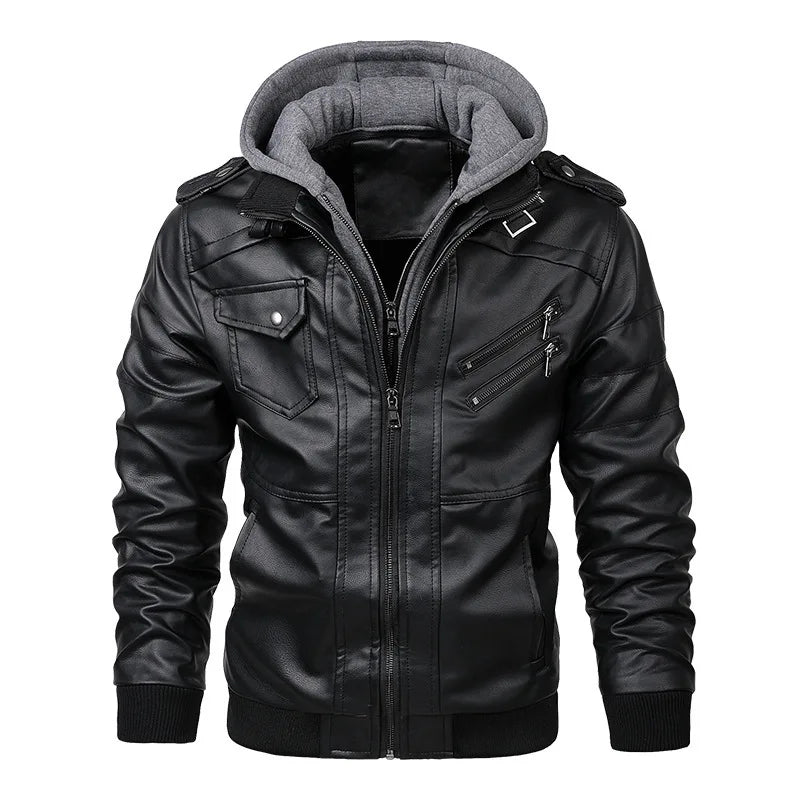Men’s Faux Leather Jacket with Detachable Hood