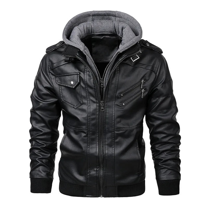 Men’s Faux Leather Jacket with Detachable Hood