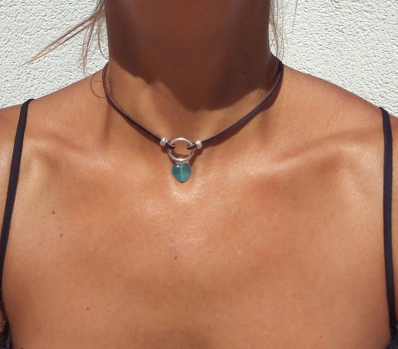 Silver Choker Necklace Blue Quartz Heart Pendant