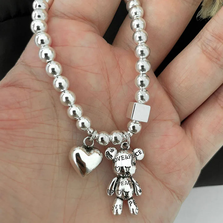 925 Silver Beaded Bracelet Bear & Zircon Charm