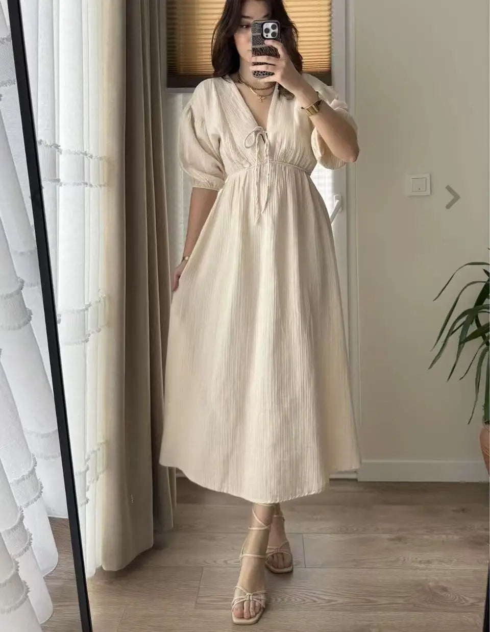 Elegant Lace-up Puff Sleeve Midi Dress 2025