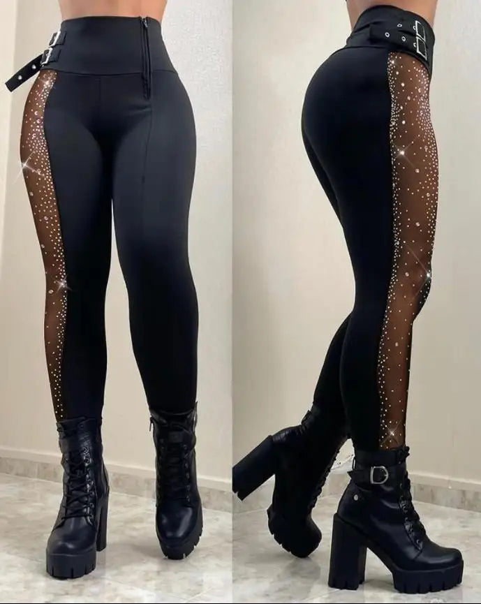 Skinny Mesh Pants Zipper Fly High Waist